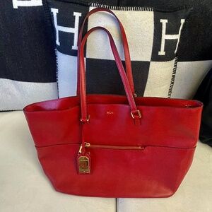 Ralph Lauren RL Red Pebble Leather Large Tote/Shopping Handbag